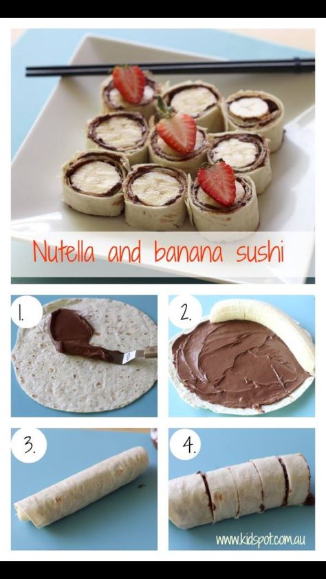 Sweet sushi Sushi Dessert, Banana Sushi, Banana Nutella, Idee Pasto, Snacks Saludables, Läcker Mat, حلويات صحية, Sweet Snacks Recipes, Deilig Mat