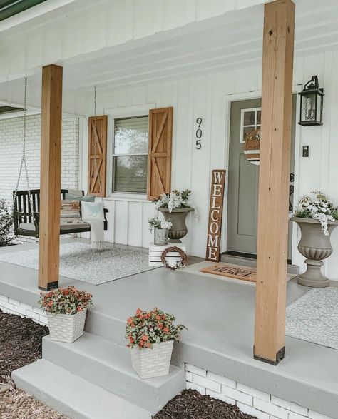 Porch Goals, Cottage Makeover, Mobile Home Exteriors, House Front Porch, Wooden Porch, Brick Exterior House, Yellow Houses, Modern Farmhouse Exterior, Exterior Remodel