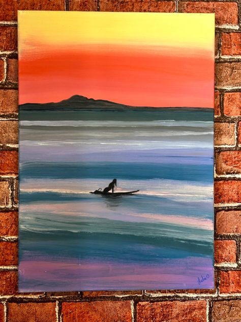 Surfing Painting Ideas, Obx Aesthetic Painting Ideas, Beachy Art Painting, Easy Surf Paintings, Surfing Painting Easy, Hawaii Acrylic Painting, Surf Board Painting On Canvas, Simple Beachy Paintings, Simple Pictures To Paint