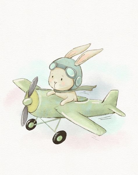 Airplane Vintage Illustration, Vintage Watercolor Illustration, Cute Vintage Animal Drawings, Watercolor Kids Illustration, Kids Illustration Art, Baby Watercolor Painting, Bunny Watercolor Painting, Children Book Illustration Watercolor, Vintage Animal Illustration