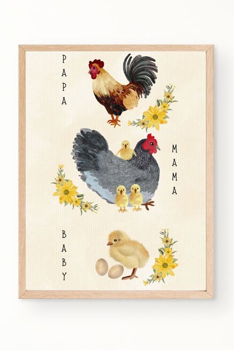 4 watercolor farmhouse nursery prints showcasing papa, mama, and baby of various animals. Animals include: chicken, pig, cow, and horse. Wall art also includes watercolor floral accents in yellow, pink, and blue. Farm Animal Nursery Theme Gender Neutral, Baby Girl Farm Nursery, Chicken Nursery Theme, Nursery Ideas Farm, Farmhouse Baby Nursery, Chicken Nursery, Farm Girl Aesthetic, Farm Animals Nursery Theme, Nursery Must Haves