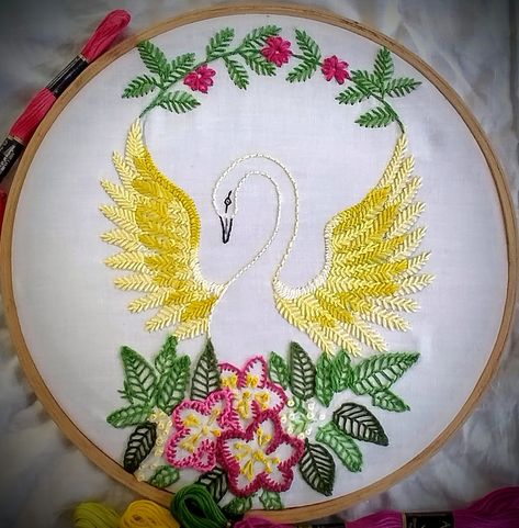 #embroidery #handembroidery #stitch #fashion #design Katha Embroidery Motif, Sheaf Stitch Embroidery Design Motifs, Flying Stitch Embroidery Design, Feather Stitch Embroidery Motifs, Fly Stitch Design, Fly Embroidery Design, Fly Stitch Embroidery Design, Swan Embroidery Design, Kantha Motifs