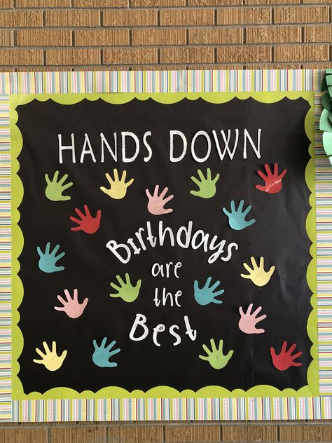 I printed out the birthday of all the students in little circles and put those on the palms of the hands.  Birthday bulletin board for elementary school. Employee Birthday Bulletin Board Ideas, Birthday Bulletin Boards Office, Simple Birthday Bulletin Board, Cute Birthday Boards For Classroom, School Birthday Display, Preschool Birthday Bulletin Boards, Spring Birthday Bulletin Boards, Spring Birthday Boards Classroom, March Birthday Board Ideas