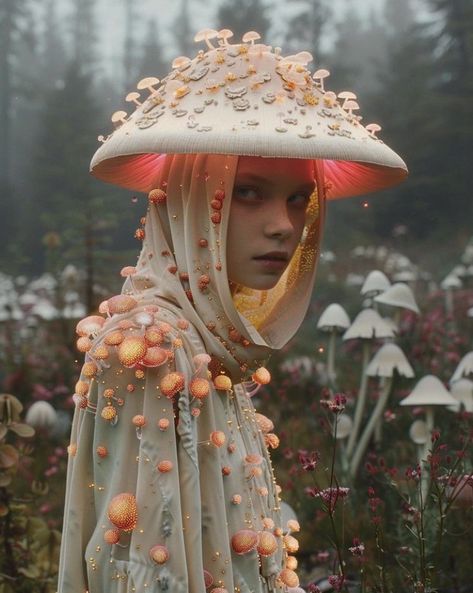 Dark Mushroom Cosplay, Inky Cap Mushroom Costume, Mushroom Photoshoot, Forest Fairy Aesthetic Clothes, Sprite Costume, Mushroom Mask, Fashion Inspired By Nature, Mushroom Fae, Mushroom Fashion