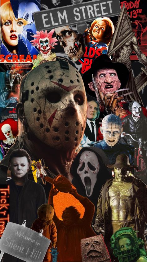 #myfirstshuffle Spooky Wallpaper Laptop, Spooky Wallpaper, Movie Collage, Halloween Wallpaper Iphone Backgrounds, Horror Fanatic, Halloween Wallpaper Cute, Scary Movie Characters, Retro Gaming Art, Scary Wallpaper