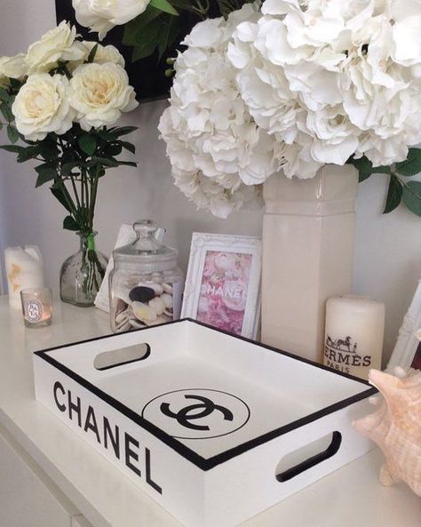 Chanel home decor Chanel Bedroom, Chanel Room, Designer Tray, Chanel Decor, Vintage Foto's, Chanel Party, Chanel Inspired, Glam Room, Awesome Bedrooms