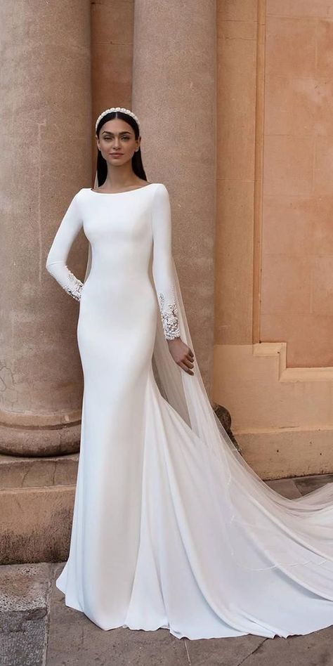 18 Of The Most Graceful Simple Wedding Dresses With Sleeves ❤  simple wedding dresses with sleeves sheath modest train pronovias ❤ #weddingdresses Simple Wedding Dresses With Sleeves, Simple Wedding Dress With Sleeves, Baju Kahwin, 2023 Prom, Simple Wedding Dresses, Classy Wedding Dress, Wedding Dress Guide, Dress Guide, Wedding Dresses With Sleeves