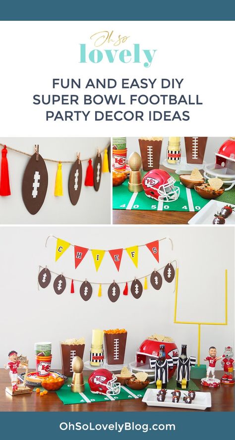 DIY Super Bowl party decor ideas and football sports memorabilia for your event — easy, fun and festive — Let's go Kansas City Chiefs! Chiefs Decorations Party, Kc Chiefs Party Ideas, Kansas City Chiefs Bday Party, Chiefs Super Bowl Decorations, Kansas City Chiefs Tailgate Ideas, Diy Kansas City Chiefs Party Decorations, Diy Super Bowl, Superbowl Party Decorations, Super Bowl Decorations