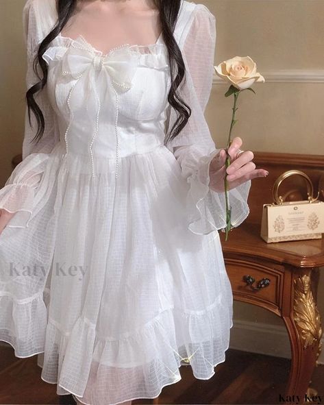 Katykey - Opulent Fairy Dresses: Elegant Floor-Length Princess Garments with Delicate Bowknot Waist White Corset Dress, Fairy Dresses, Princess Gown, White Corset, Kawaii Dress, Mini Robes, Princess Dresses, White Chiffon, Lolita Dress