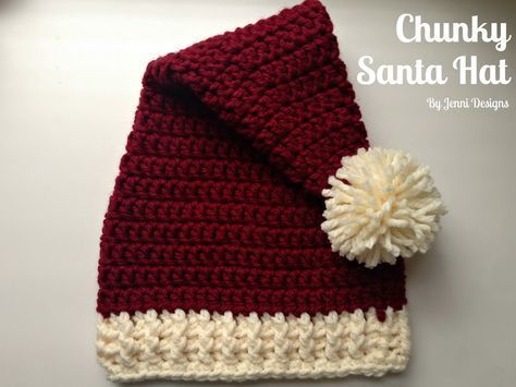 Free Crochet Pattern: Chunky Santa Hat in 4 sizes Crochet Santa Hat Free Pattern, Crochet Santa Hat Pattern, Crochet Elf Hat Pattern, Crochet Elf Hat, Santa Hat Pattern, Crochet Santa Hat, Crochet Hat Patterns, Easy Crochet Hat, Crochet Christmas Stocking