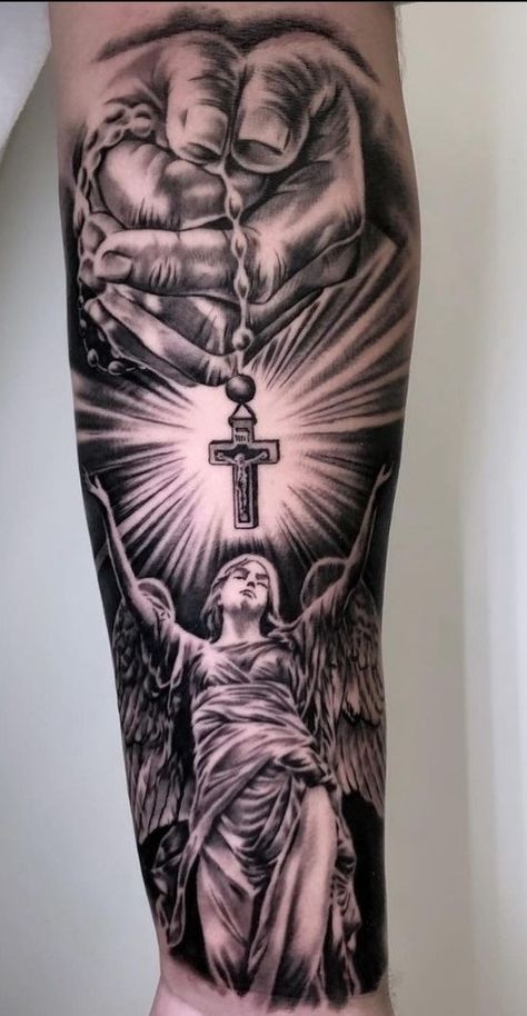 Men’s Shin Tattoo, Christian Forearm Tattoo, Christian Tattoos For Men Forearm, Shin Tattoo, Christian Sleeve Tattoo, Leg Sleeve Tattoo, Leg Sleeve, Leg Sleeves, Hand Tattoo