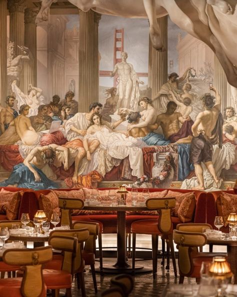 Roman Restaurant Interior, Roman Restaurant, Martin Brudnizki, Greek Theme, London Restaurant, Interior Architecture Drawing, Ceiling Murals, Opulent Interiors, Mayfair London