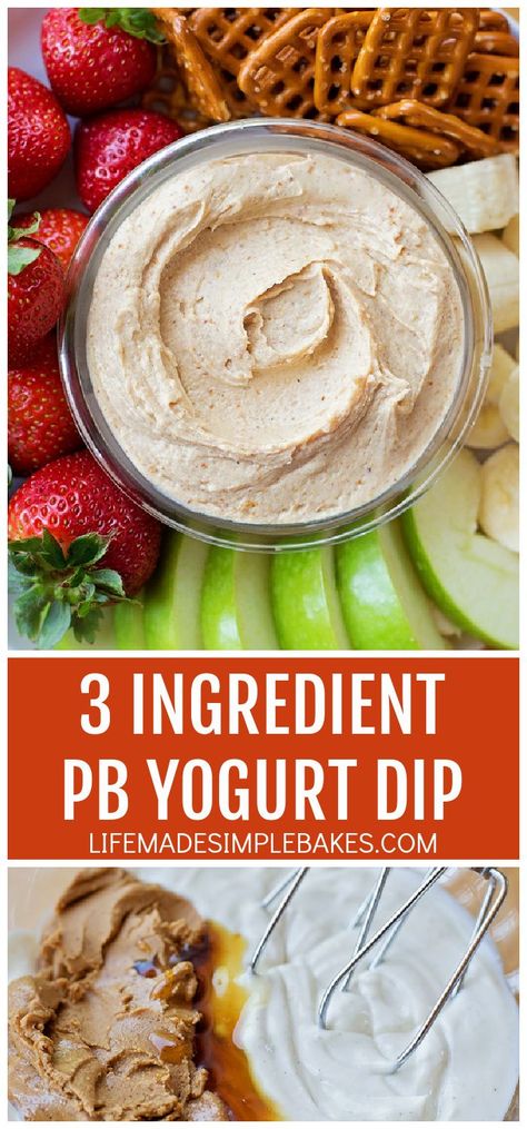 This 3-ingredient peanut butter yogurt dip sweet, salty and best of all, healthy! It comes together in just a matter of minutes. #yogurtdip #peanutbutterdip #fruitdip #peanutbutter #3ingredientrecipe Stovetop Cinnamon Apples, Peanut Butter Cookie Cake, Butter Cookie Cake, Peanut Butter Yogurt Dip, Cookie Dip, Toddler Menu, Life Made Simple, Peanut Butter Dip, Peanut Butter Yogurt