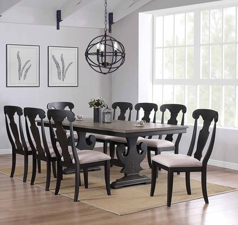 PRICES MAY VARY. Kings Brand Furniture - Kearny 9 Piece Extendable Wood Dining Set, Table & 8 Chairs, Black/Brown. The solid wood trestle table with a black finish base and brown finish tabletop provides durable elegance. Entertaining unexpected guests at the table will not be an issue, with this extendable leaf. Chair features a black finish frame that complements the cream polyester fabric upholstery. Table Dimensions : (When Extended): 84"L x 42"W x 30"H. (When Collapsed): 66"L x 42"W x 30"H. Dining Table With Black Legs, Black Wood Table, Brown Wood Table, Hairpin Dining Table, Leaf Chair, Modern Kitchen Tables, Traditional Dining Tables, Dining Room Table Chairs, Table 8