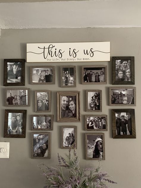 Family Pic Wall Ideas, This Is Us Photo Wall, Living Room Collage Wall Ideas, Gallery Wall Ideas Family Photos, Hanging Photos On The Wall Ideas, Living Room Family Picture Wall, Family Wall Pictures Ideas, Canvas Photo Wall Ideas, Large Picture Wall Ideas