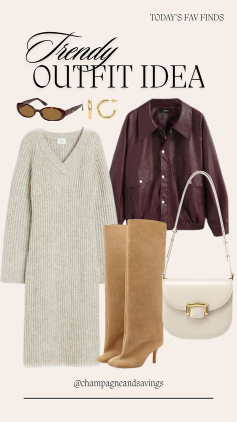 Women's fashion outfit idea with tall brown suede boots, midi sweater dress, and burgundy leather jacket Vince Camuto Boots Outfit, Brown Suede Boots Outfit, Tall Brown Boots Outfit, Leopard Jeans Outfit, Suede Boots Outfit, Style Sweater Dress, Brown Boots Outfit, Winter Date Outfits, Style Wide Leg Jeans