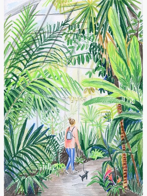 Walk Illustration, Greenhouse Art, Greenery Wall Art, Landscape Tropical, Postcards Inspiration, Greenhouse Cafe, Garden Paintings, Outdoor Painting, Tropical Art Print