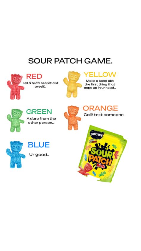 Sleepover Sour patch kids gameee Sleepover Sour Patch Game, Sourpatch Kid Games, Sour Patch Game, Sour Patch Kids Game, Sleepover Ideas For Teenagers, Fun Games For Teenagers, Fun Sleepover Activities, Kids Sleepover, Board Games Diy