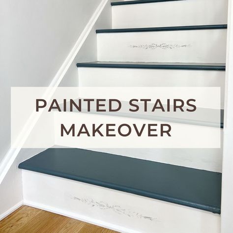 Painted Treads On Stairs, Stairs Paint Color Ideas, Navy Painted Stairs, Painting Indoor Stairs, Stair Colors Paint, Blue Painted Staircase, Painted Concrete Stairs Indoor, Painted Stairs Ideas Staircase Makeover, Painted Interior Stairs