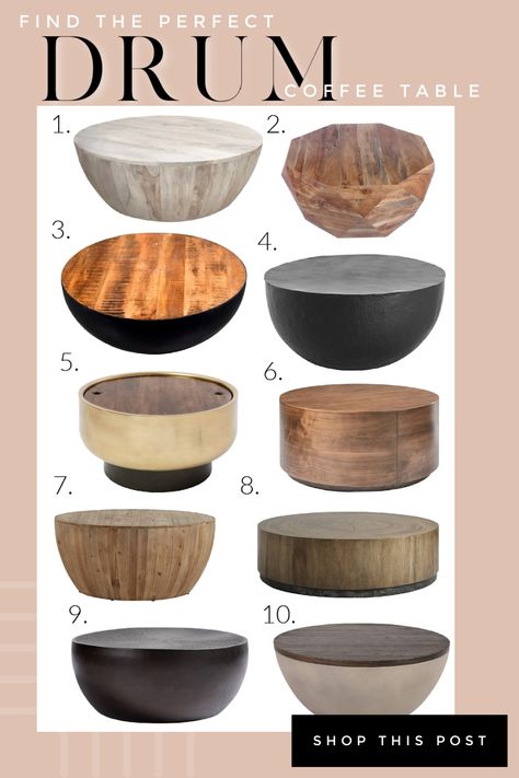 Round Drum Coffee Table, Home Staging Ideas, Mirrored Coffee Table, Round Coffee Table Living Room, Cocktail Tables Living Room, Diy Drums, Boho Plants, Barrel Coffee Table, Coffee Table Design Modern