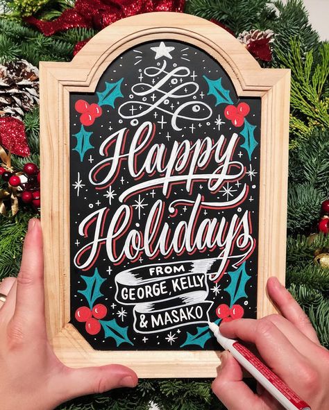 Christmas Party Chalkboard Sign, Starbucks Signs Chalk Christmas, Happy Holidays Font, Happy Holidays Chalkboard Art, Bakery Chalkboard Signs, Sale Chalkboard Sign, December Chalkboard Ideas, Chalkboard Christmas Signs, Happy Holidays Chalkboard