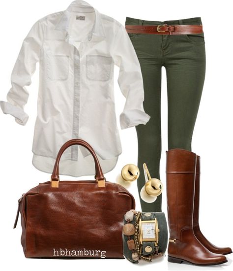 White oxford, green skinny jeans, classic riding boots, brown leather satchel bag, gold accented jewelry. Cognac Boots, Olive Pants, Stylish Fall Outfits, Boating Outfit, Mode Casual, Green Pants, 가을 패션, Fall Winter Outfits, Outfits Casuales