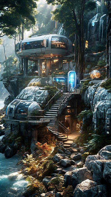 Scifi House Concept Art, Sci Fi House Exterior, Scifi Home, Cyberpunk Rooms, Scifi Architecture, Sci Fi House, Sci Fi Home, Cyberpunk House, Sci Fi Architecture