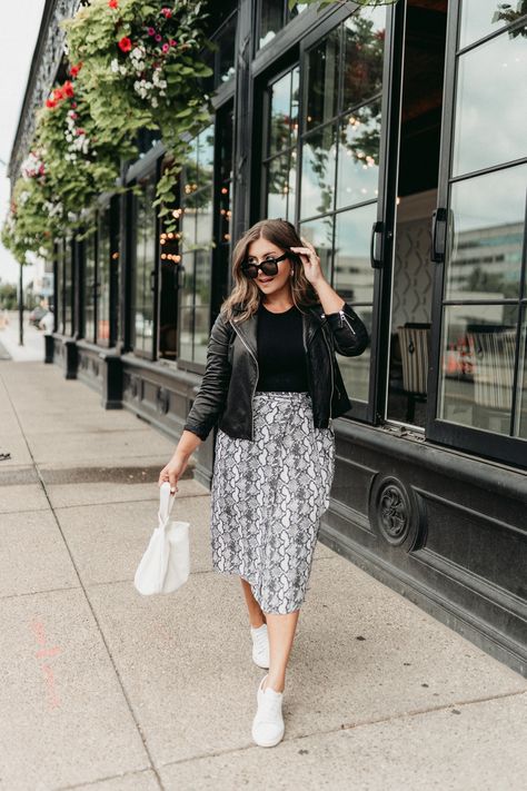 The Python Wrap Skirt ($44.90) which pairs beautifully with the The Python Cami ($34.90). Sizing is consistent with my drop, all styles are available worldwide XXS-3X and I’m wearing an XL. I styled the skirt with this black bodysuit (size L/XL, size 2X/3X available here), black moto jacket (XL, favorite faux option linked here, also XL), my favorite little white sneakers, purse and oversized sunglasses Kathleen Barnes, Snake Print Skirt, Xl Mode, Mid Size Outfits, White Sneakers Outfit, Mid Size Fashion, Look Plus Size, Langer Rock, The Drop