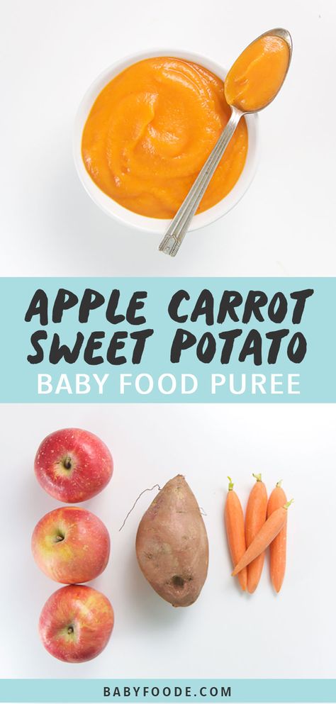 This Apple, Sweet Potato + Carrot Baby Food Puree is a fun and vibrant meal for baby. Made with 3-ingredients in less than 15 minutes! Great for 6+ month puree - Stage 2 baby food. #babyfood #puree #apple #stage2 Apple Recipes Easy 3 Ingredients, Homemade Baby Food Storage, Baby Spinach Recipes, Apple Baby Food, Sweet Potato Baby Food, Baby Carrot Recipes, Baby Food Puree, Baby Food By Age, Diy Baby Food