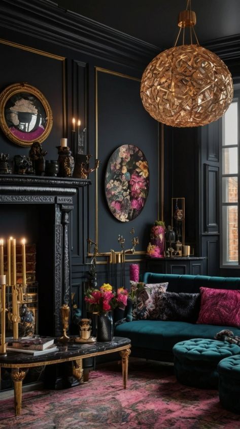 15 Charcoal Couch Living Room Ideas Black Rooms With Pops Of Color, Moody Beauty Room, Moody Teal Living Room, Dark Eclectic Maximalism, Moody Rooms Inspiration, Charcoal Couch Living Room, Dark Maximalist Decor, Art Deco Inspired Living Room, Maximalism Home