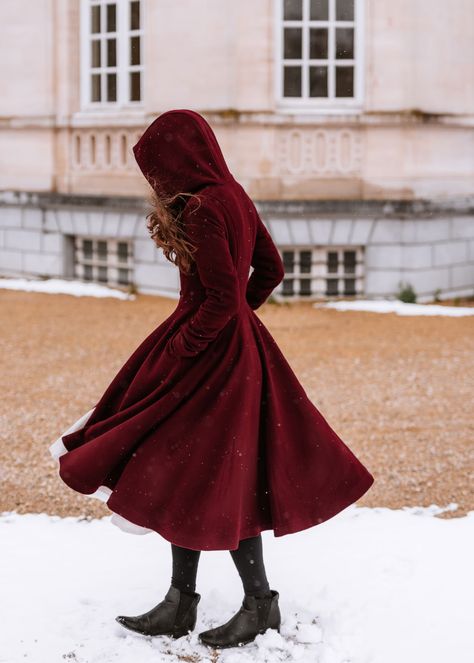 Burgundy Wool Coat, Hooded Wool Coat, Single Breasted Wool Coat, Long Swing Wool Coat, Fit and Flare Coat, Custom Warm Winter Coat 3424 - Etsy Fit And Flare Coat, Hooded Wool Coat, Christmas Dress Women, Wool Winter Coat, Fashion Sketches Dresses, Wool Clothing, Knitted Hood, Fashion Line, Vintage Clothes