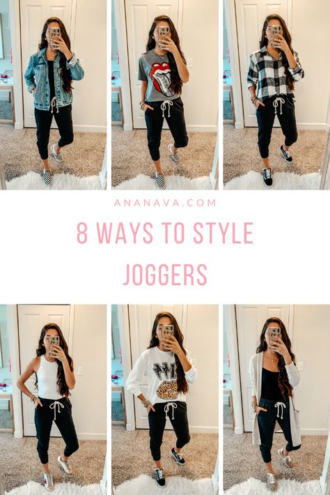 Joggers outfit / how to wear joggers / work from home outfit ideas Dressed Up Joggers Work, Casual Sporty Work Outfits, Joggers Outfit Ideas For Women, Jogger Outfits Women Casual, Gray Joggers Outfit Fall, Satin Joggers Outfit Dressy Winter, Joggers At Work Outfit, Dress Joggers Outfits, Women’s Outfits With Joggers