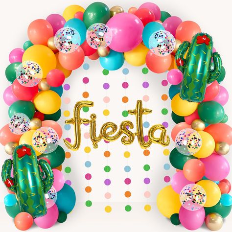 PRICES MAY VARY. Fiesta balloons garland kit includes - 100pcs colorful balloons (green, blue, yellow, pink, golden, red, coral red, faint yellow with confetti) + 6pcs dot garlands + 3pcs foil balloons(1 fiesta and 2 cactus) +16.4ft balloons arch strip*1 + blue balloon tying tool *1 + a roll of sticky dots. Material and sizes - Those balloons are made of latex and they are vary in size from 5" to 10 ". The dot garland approx 9.8ft. The balloon strip is made of plastic, approx 16.4ft. Fiesta foil Fiesta Theme Party Decorations, Mexican Fiesta Party Decorations, Dot Garland, Mexican Theme Party Decorations, Mexican Party Decorations, Fiesta Birthday Party, Fiesta Party Decorations, Fiesta Theme Party, Fiesta Theme