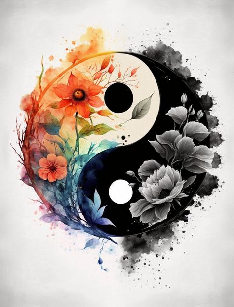 Yin Yang Decor, Yin Yang Art Abstract, Yin Yang Flower Tattoo, Yin Yang Art Drawings, Ying Yang Art Drawing, Ying Yang Painting, Self Growth Art, Yin Yang Drawing, Ying Yang Flower