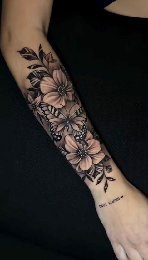 Flower And Butterfly Tattoo Sleeve, Cool Butterfly Tattoos, Butterfly With Flowers Tattoo, Inspiring Quote Tattoos, Tattoo Shading, Quote Tattoos, Flower Sleeve, Flower Tattoo Sleeve, Pretty Tattoos For Women