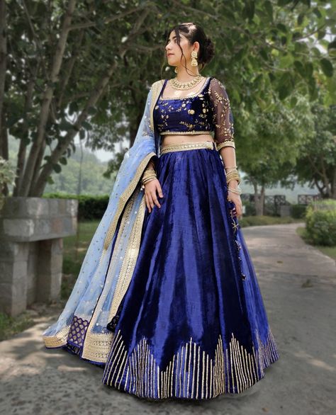 Navy blue handwork velvet lehenga Velvet Lengha, Sabyasachi Bride, Velvet Lehenga, Reception Look, Blue Lehenga, Velvet Collection, Engagement Outfits, Place Your Order, Your Special