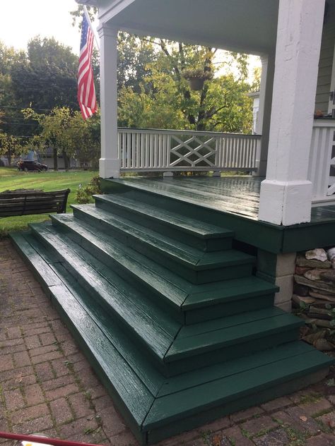 Our Old House | Recommendations for exterior porch and stair paint Painted Front Porch Steps, Painted Cement Steps, Green Porch Floor, Outdoor Stairs To House Entrance, Stair Paint, Church Entryway, Front Porch Renovation, Green Porch, Green House Paint