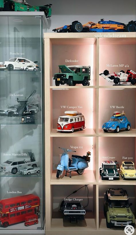 Lego Car Collection, Lego Collection Display, Lego Display Ideas, Lego Room Decor, Car Room Decor, Diecast Cars Display, Lego Auto, Van Vw, Hypebeast Room