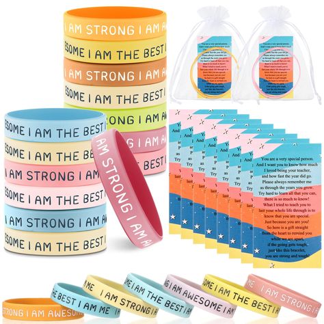 PRICES MAY VARY. Meaningful Graduation Gift: the graduation gift for students from teacher bulk offers a symbolic present to celebrate graduation milestones; Each set includes 36 motivational wristbands, each fitted with an inspirational quote, for an expression of support, encouragement, and good luck in future endeavors and matching organza bags and inspirational cards; With their diverse styles, these bands are fitting for various occasions, truly reflecting the versatile nature of this thoug Student Gift Bags From Teacher, School Gifts For Students, Future Teacher Gifts, Meaningful Graduation Gifts, Motivational Text, Class 2023, Staff Morale, Support Encouragement, Gifts For Students