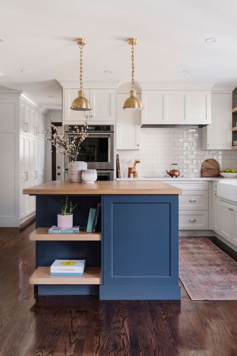 Blue Modern Farmhouse, Blue Kitchen Ideas, Blue Kitchen Island, White Shaker Kitchen, Lake House Kitchen, Modern Kitchen Cabinet Design, Shaker Style Kitchens, Modern Kitchen Cabinets, Kitchen Design Decor