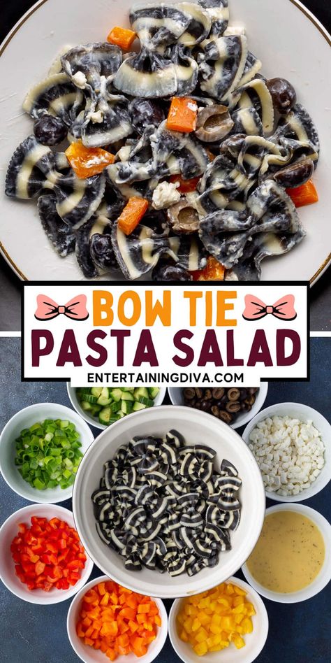 Halloween Pasta Salad, Holiday Theme Food, Bow Tie Pasta Salad, Pasta Salad With Italian Dressing, Buffet Halloween, Bowtie Pasta Salad, Halloween Pasta, Bow Tie Pasta, Cold Pasta Salad Recipes