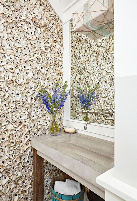 powder room with oyster shell wall and concrete sink House Bathroom Designs, Beach Farmhouse, Boho Beach House, Chic Beach House, Coastal Farmhouse Style, Beach House Bathroom, Florida Beach House, Beach House Interior Design, Coastal Beach House