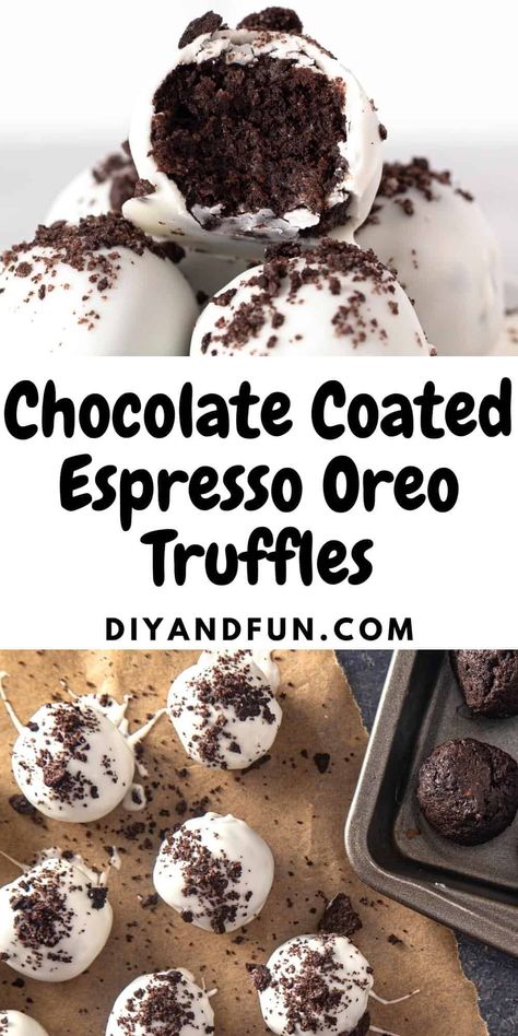 Chocolate Coated Espresso Oreo Truffles, a simple four ingredient snack or dessert recipe made with cookies and coffee. Espresso Truffles Recipe, Coffee Truffles Recipe, Coffee Truffles, Cookies And Coffee, Espresso Truffles, Oreo Truffles Recipe, Coffee Cookies, Oreo Truffles, Chocolate Oreos