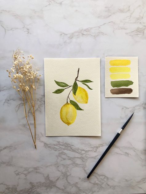 Watercolour Lemon Painting, Water Colour Lemons, Watercolor Lemon Tutorial, Watercolor Art Lemon, Watercolor Lemon Tree, Lemons Watercolor Painting, Watercolor Lemon Paintings, Simple Lemon Painting, How To Paint Lemons