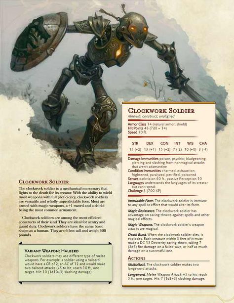 [5e][Monsters] Clockwork Golems Compendium - Imgur Clockwork Soldier Dnd, 5e Monsters, Carpathian Forest, Clockwork Soldiers, Dnd Monster, Monster Manual, Dnd Stats, Dnd Campaign, Dungeon Master's Guide