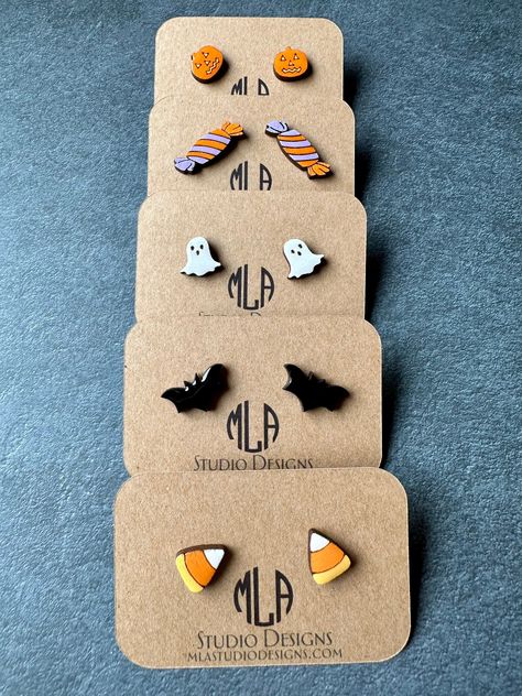 Excited to share this item from my #etsy shop: Cute Halloween Stud Earrings, Bat Earrings, Candy Corn Earrings, Pumpkin Earrings, Halloween Earrings, Wood Earrings, Ghost Earrings, Witch #woodstudearring #woodearrings #cutepumpkin #nickelfreestud #nickelfreeearring #ghostearrings #witchhatearrings #blackcatearrings #candycornearrings Cheap Cute Halloween Earrings, Wooden Halloween Earrings, Handmade Spooky Halloween Earrings, Halloween Stud Earrings, Laser Jewelry, Quirky Halloween Earrings, Corn Earrings, Candy Corn Earrings, Laser Cut Decor