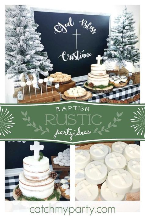 Check out this nice and cosy rustic winter baptism! The cake is so pretty See more party ideas and share yours at CatchMyParty.com #catchmyparty #partyideas #rustisbaptism #winterbaptism Winter Baptism Decor, Christmas Baptism Ideas, Baptism Food Ideas, Winter Diaper Cake, Rustic Party Ideas, Winter Baptism, Baptism Party Boy, Baby Birthday Party Decorations, Shark Party Decorations