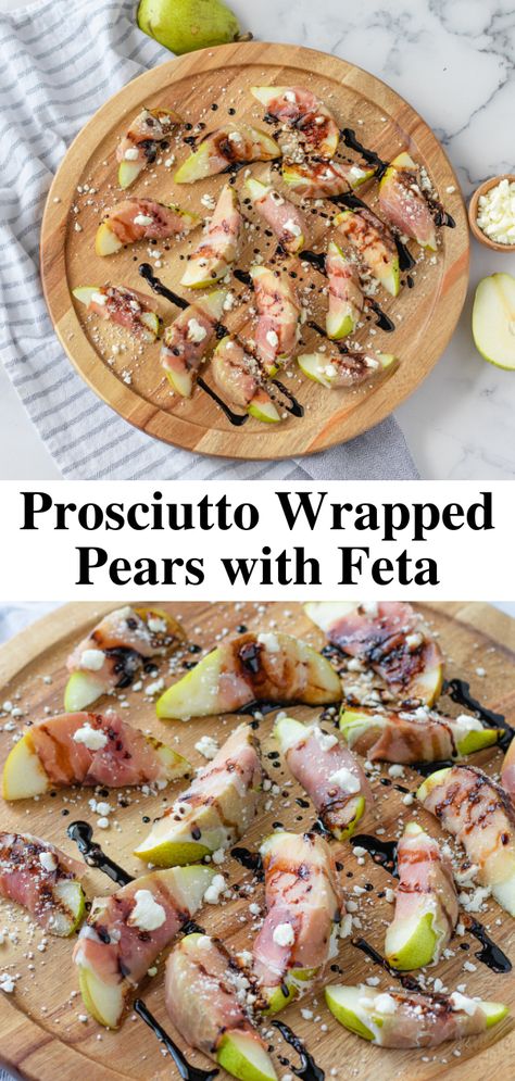 Prosciutto wrapped pears with crumbled feta cheese and drizzled balsamic, an appetizer that is too easy to make but will your guests’ mouth watering. #prosciuottowrappedpears #appetizerrecipe #easyappetizer #thanksgivingrecipe #thanksgivingappetizer #christmasrecipe #christmasappetizer #easterrecipe #easterappetizer #healthysnack #healthysnackrecipe #pearrecipe Procuitto Recipes Appetizers, Balsamic Appetizer, Prosciutto Wrapped Pears, Prociutto Appetizers, Procuitto Recipes, Easter Appetizers Ideas, Prosciutto Appetizer, Easter Brunch Ideas, Balsamic Drizzle