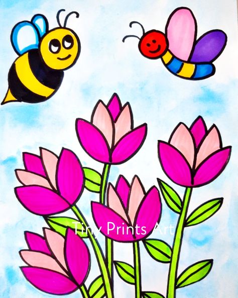 Flowers and insects Drawing Ideas For Kids, A Art Ideas For Kids Drawing, Rama Art, Kids Art Ideas, Insects Drawing, Subject Drawing, Nature Drawing For Kids, Flower Drawing For Kids, Butterfly Watercolor Painting, Cartoon Drawing For Kids