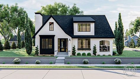 advanced_houseplans on Instagram: “Our Fox Hills plan is a super cute cottage styled home! This home may be on the smaller side, but it still has a large kitchen, separate…” Black Shingles, Modern Cottage House Plans, Advanced House Plans, Modern Cottage Style, Casas The Sims 4, Brick Exterior House, Cottage Plan, Modern Cottage, Modern Farmhouse Plans